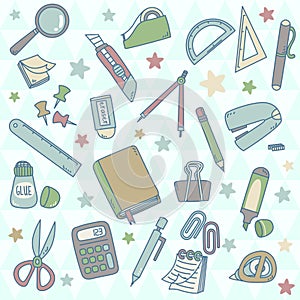 Set of Stationery vector illustrations. Vector office supplies collection. School tools clipart graphics.