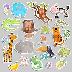 Cute set of stickers of safari animals and flowers. Savanna and safari funny cartoon sticker animals. Jungle animals