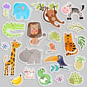 Cute set of stickers of safari animals and flowers. Savanna and safari funny cartoon sticker animals. Jungle animals