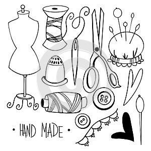 Cute set of tailor for sewing, mannequin, thread, needle, scissors, button. Digital doodle outline art. Print for scrapbooking, ca