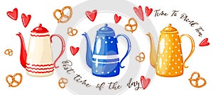 Cute set teapots with pretzels and little hearts on a white background. Ð¡artoon style. Vector illustration.