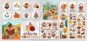 Cute set of Thanksgiving cards with turkey, forest animals, harvest, pilgrims. Vector autumn holiday square, round, vertical print