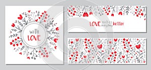 Cute set of Valentines Day floral backgrounds with hand drawn leaves and heart shaped flowers in doodle style