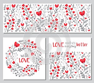 Cute set of Valentines Day floral backgrounds with hand drawn leaves and heart shaped flowers in doodle style