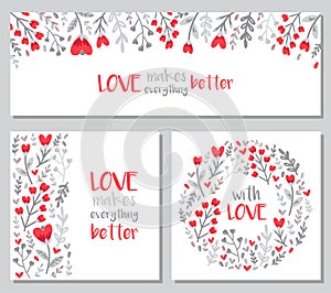 Cute set of Valentines Day floral backgrounds with hand drawn leaves and heart shaped flowers in doodle style