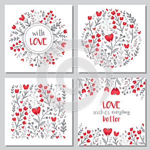 Cute set of Valentines Day floral backgrounds with hand drawn leaves and heart shaped flowers in doodle style