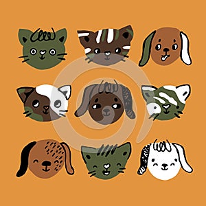 Cute set of vector dogs, puppies, cats, kittens. Hand drawn isolated animals heads in green, brown, black, white colors on yellow