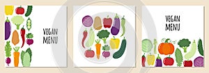 Cute set of Vegan Menu backgrounds with various vegetables