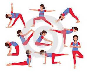Cute set of young girls doing yoga. Kids in different yoga poses. Fun cartoon gymnastics for healthy lifestyle. Vector