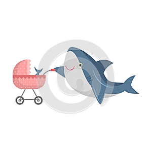 Cute shark with a baby shark in a pram. Vector illustration isolated on white background.