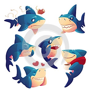 Cute shark cartoon character, funny fish mascot