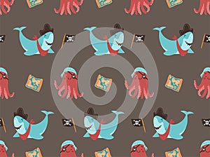 Cute shark and octopus pirate vector seamless pattern. Treasure map and flag with skull and crossbones. Graphic print