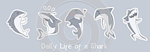 Cute sharks illustration with fun inscription 'daily life of a shark'