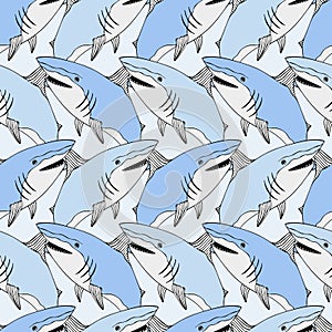 Cute sharks pattern. Nautical seamless print. Sea life vector illustration. Hand drawn background. Smiling shark background