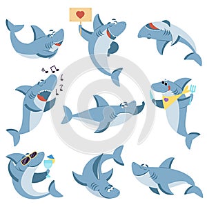 Cute sharks set. Ocean life, isolated shark scary. Underwater cartoon monster fish. Funny sea wild animal for baby kids