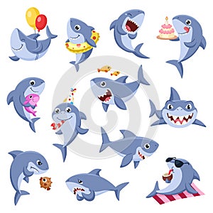 Cute sharks set. Underwater sharks, marine cartoon animals. Sea danger, funny fish life. Wild ocean characters with baby