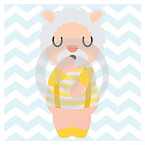 Cute sheep boy on chevron background cartoon illustration for Baby nursery wall
