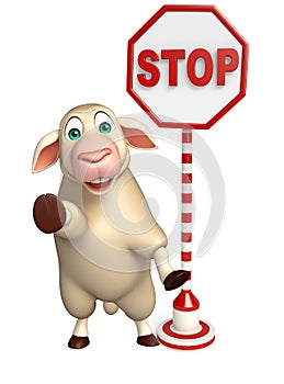 cute Sheep cartoon character with stop sign