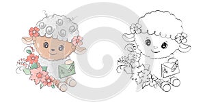 Cute Sheep Clipart for Coloring Page and Illustration. Happy Clip Art Lamb with Flowers and Letter. Vector Illustration