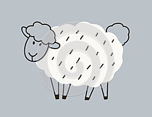 Cute sheep in doodle Scandinavian style. Adorable baby farm animal with fluffy wool. Black and white drawing, lamb