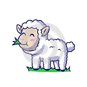 Cute Sheep Eating Grass Cartoon Vector Icon Illustration