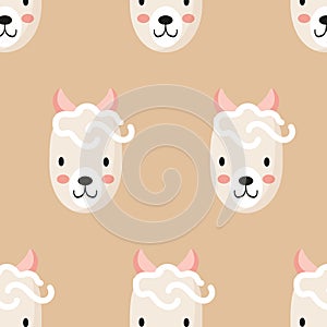 Cute sheep face seamless pattern, lamb muzzle, head. Cartoon vector illustration. Kid texture, background, wallpapers, ornament.