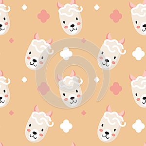 Cute sheep face seamless pattern, lamb muzzle, head vector illustration. Kid texture, background, wallpapers, ornament.