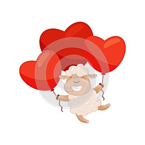 Cute sheep flying with bright red heart-shaped balloons. Funny farm animal. Valentine s day theme. Flat vector icon photo