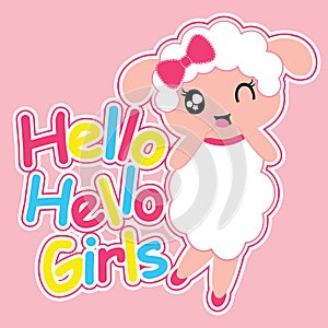 Cute sheep girl says hello girls cartoon illustration for kid t shirt design