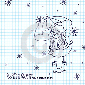 Cute sheep girl with umbrella .Winter doodle