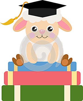 Cute sheep with graduation cap sitting on top of books