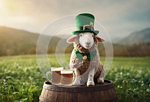 Cute sheep in leprechaun hat sitting on wooden keg with glasses beers, against background of blurred sunny landscape