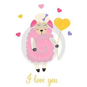 Cute sheep in love with heart balloon