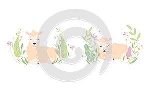 Cute Sheep Lying in Flowers Set, Lovely Little Fluffy Lamb Farm Animal in Pastel Colors Cartoon Vector Illustration