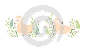 Cute Sheep Resting and Relaxing in Meadow Flowers Set, Adorable Little Fluffy Lamb Farm Animal in Pastel Colors Cartoon