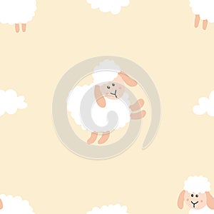 Cute Sheep Seamless Pattern, Cartoon Background vector Illustration