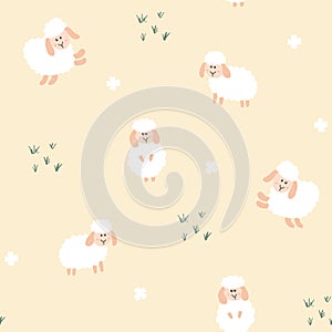 Cute Sheep Seamless Pattern, Cartoon Background vector Illustration