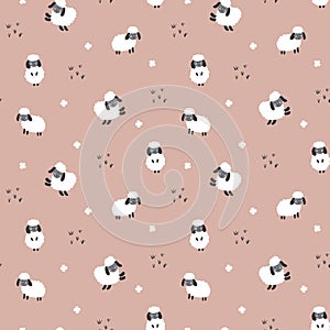 Cute Sheep Seamless Pattern, Cartoon Background vector Illustration