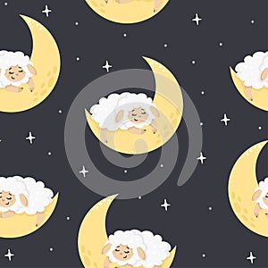 Cute sheep sleeping on the moon, stars. Pattern for baby products