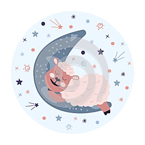 Cute Sheep sleeping on the moon. Vector good nignt and sweet dreams concept, isolated on a white background