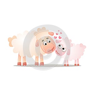 Cute sheep is standing with a baby. Vector illustration isolated on white background