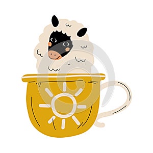 Cute Sheep in Teacup, Adorable Little Lamb Cartoon Animal Character Sitting in Coffee Mug Vector Illustration