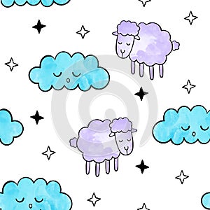 Cute sheep. Vector watercolor seamless pattern