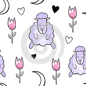 Cute sheep. Vector watercolor seamless pattern