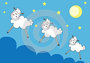 Cute sheeps over night sky