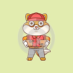 Cute shiba inu dog courier package delivery animal chibi character mascot icon flat line art style illustration concept cartoon