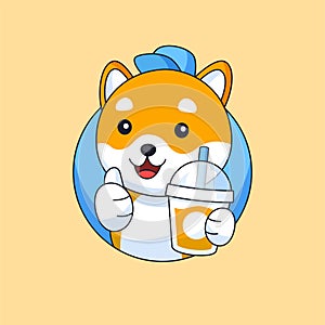 Cute shiba inu dog holding drink bottle for food beverage animal mascot cartoon vector illustration