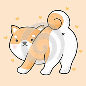 Cute shiba inu dog looking back cartoon hand drawn style