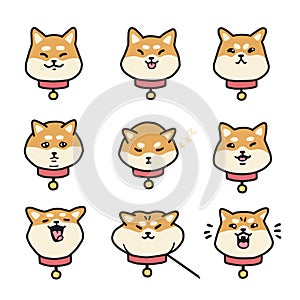 Cute shiba inu emotions stickers vector set.