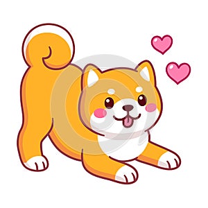 Cute Shiba Inu in playful pose with hearts